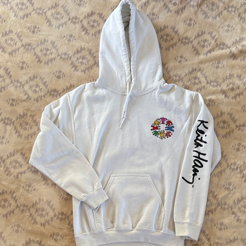 KEITH HARING | White Hoodie with Graphic and Sleeve Text | Size S